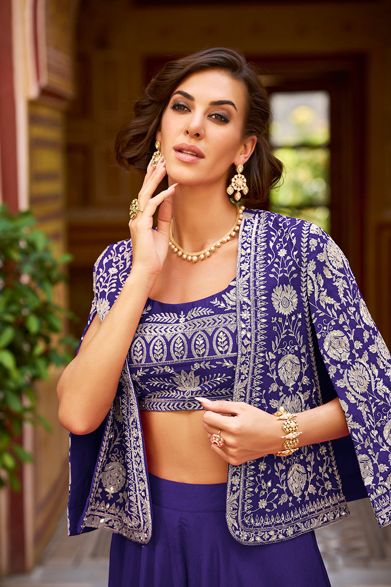 Blue Silk Blend Embroidered Flared Top Bottom With Shrug PKSKD3040