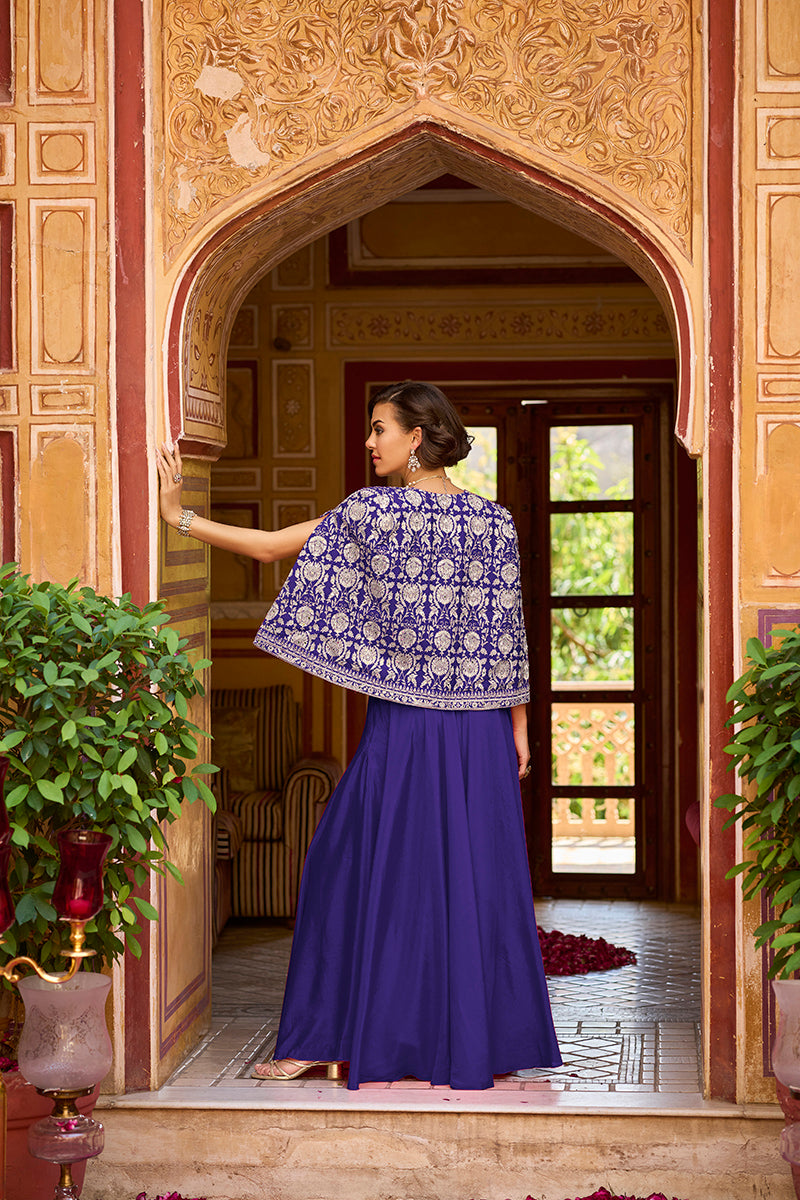 Blue Silk Blend Embroidered Flared Top Bottom With Shrug PKSKD3040