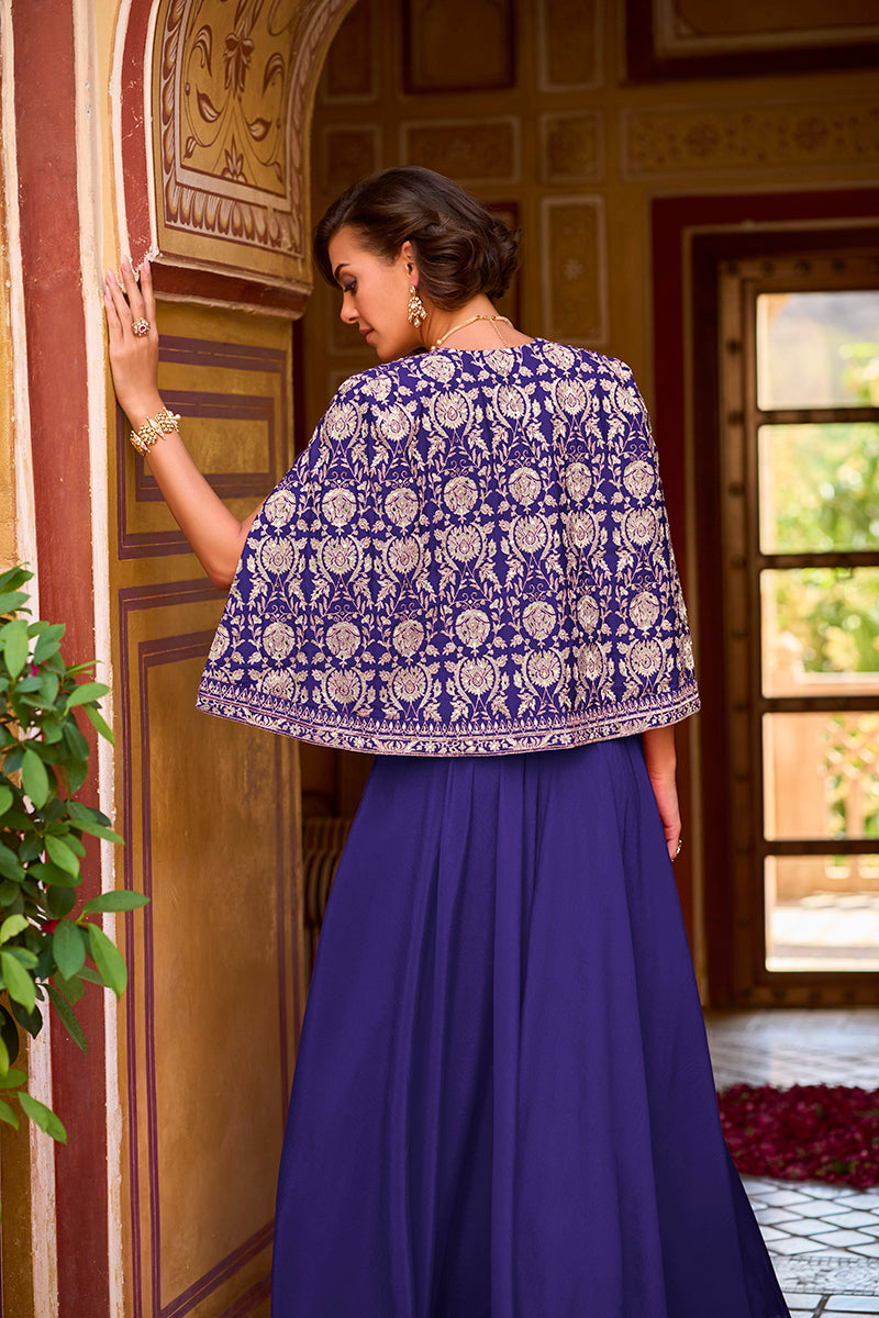 Blue Silk Blend Embroidered Flared Top Bottom With Shrug PKSKD3040