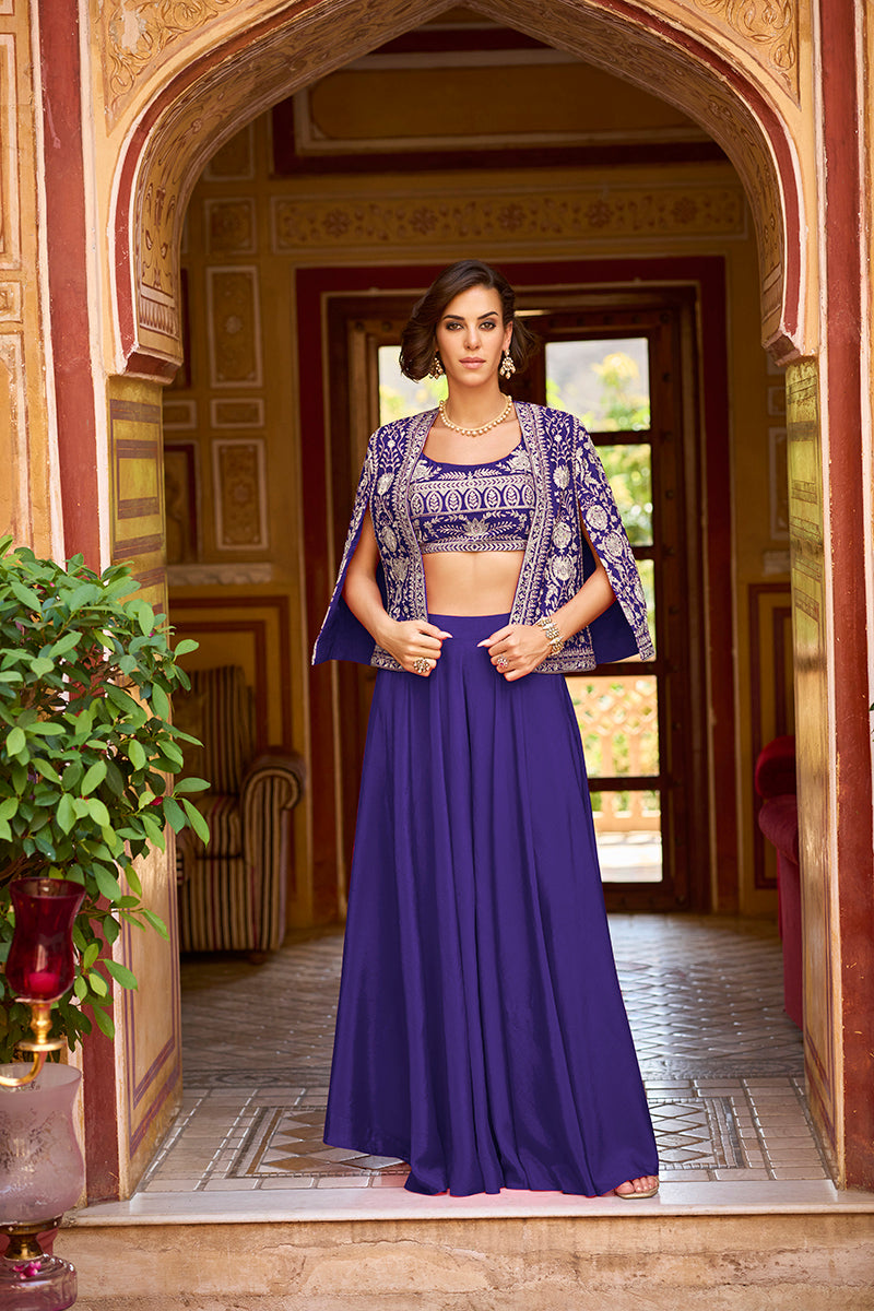 Blue Silk Blend Embroidered Flared Top Bottom With Shrug PKSKD3040