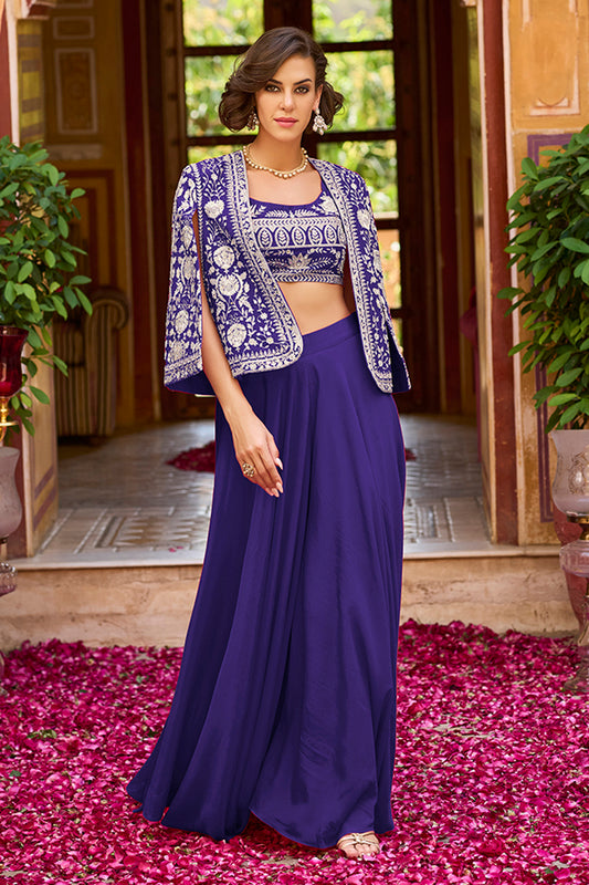Blue Silk Blend Embroidered Flared Top Bottom With Shrug PKSKD3040