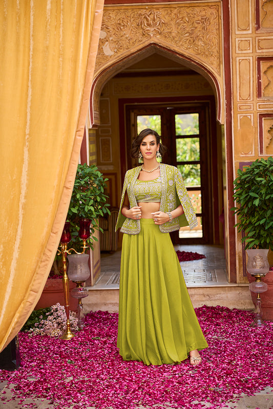 Green Silk Blend Embroidered Flared Top Bottom With Shrug PKSKD3041