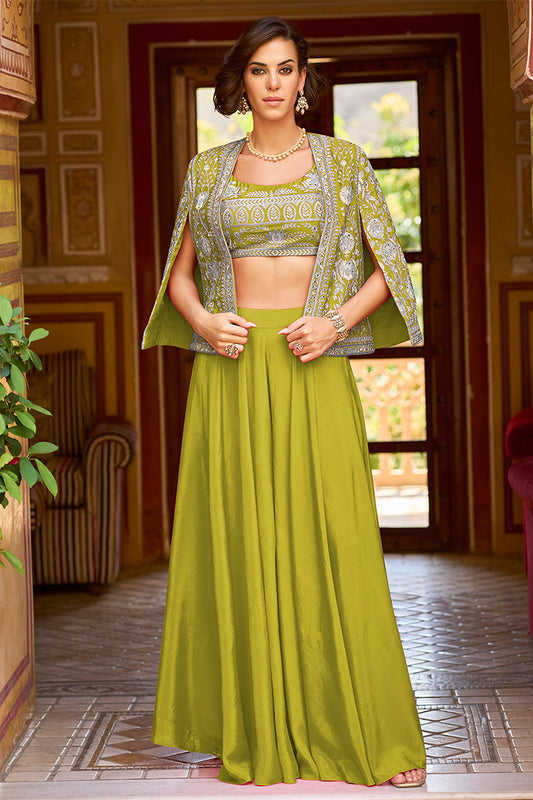Green Silk Blend Embroidered Flared Top Bottom With Shrug PKSKD3041