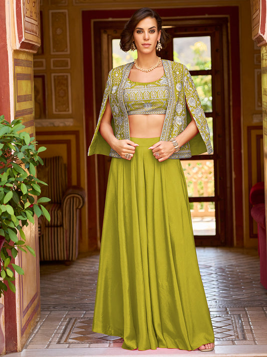 Green Silk Blend Embroidered Flared Top Bottom With Shrug PKSKD3041