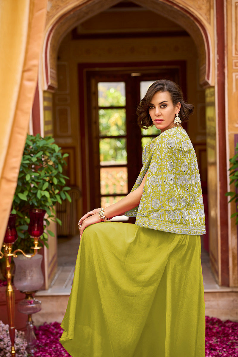 Green Silk Blend Embroidered Flared Top Bottom With Shrug PKSKD3041