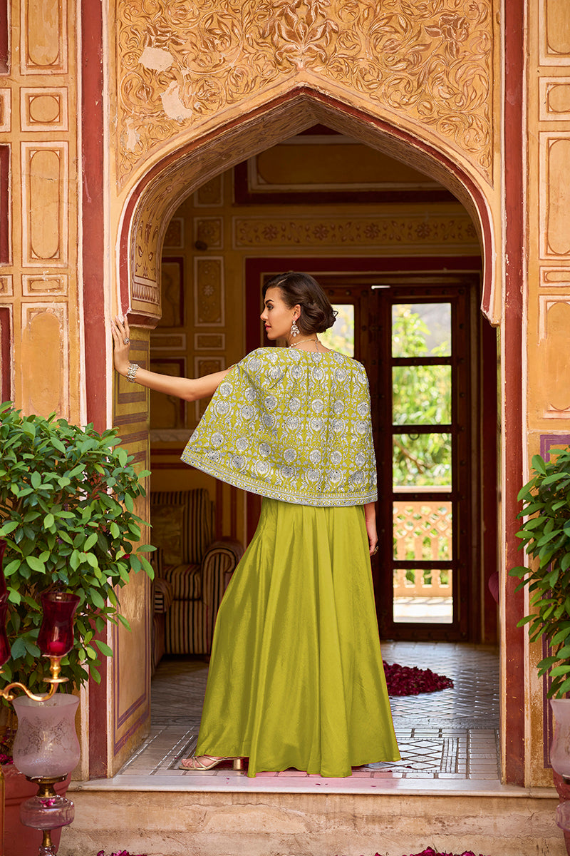 Green Silk Blend Embroidered Flared Top Bottom With Shrug PKSKD3041
