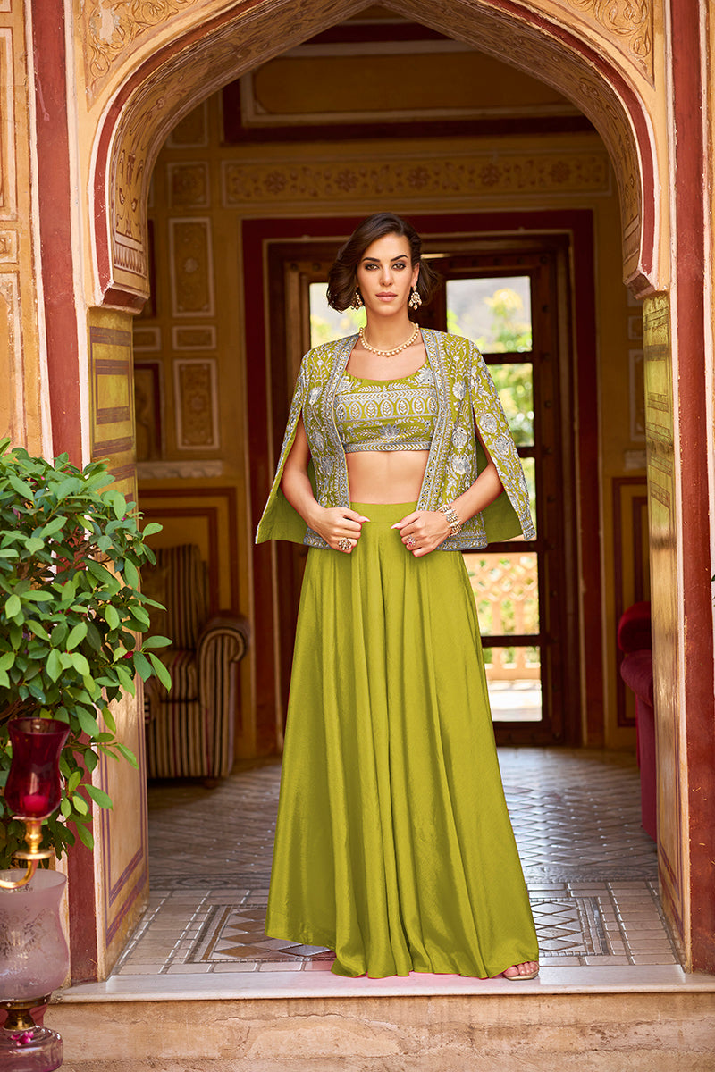 Green Silk Blend Embroidered Flared Top Bottom With Shrug PKSKD3041