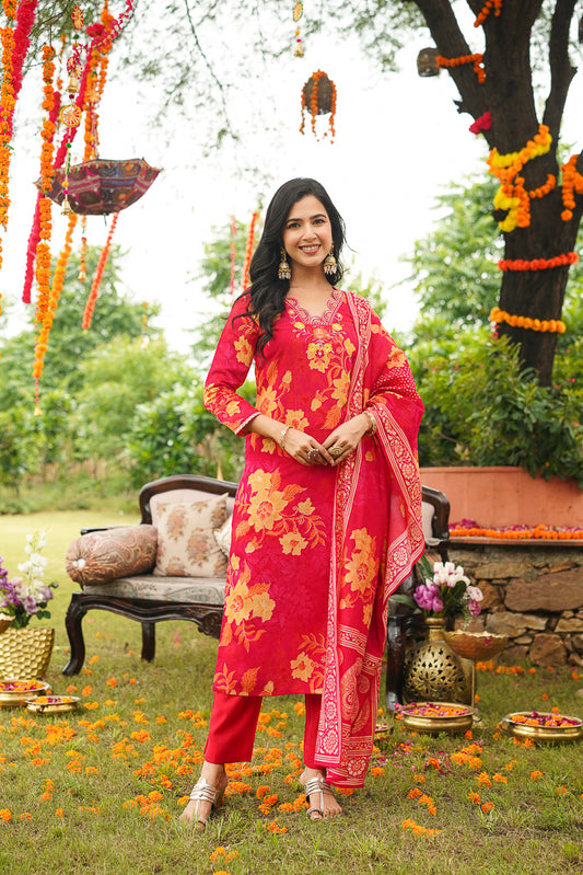 Red Viscose Rayon Floral Embroidered Straight Kurta Trousers With Dupatta PKSKD3051