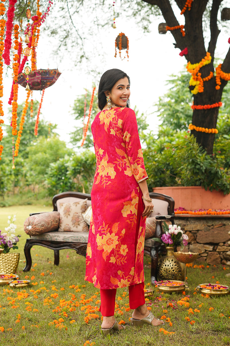 Red Viscose Rayon Floral Embroidered Straight Kurta Trousers With Dupatta PKSKD3051