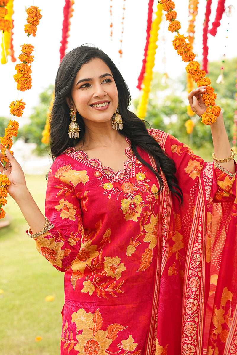 Red Viscose Rayon Floral Embroidered Straight Kurta Trousers With Dupatta PKSKD3051