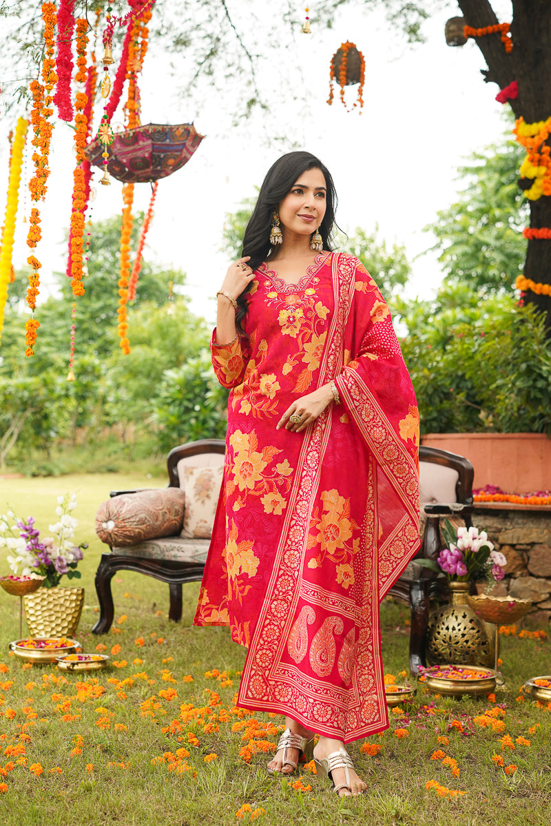 Red Viscose Rayon Floral Embroidered Straight Kurta Trousers With Dupatta PKSKD3051