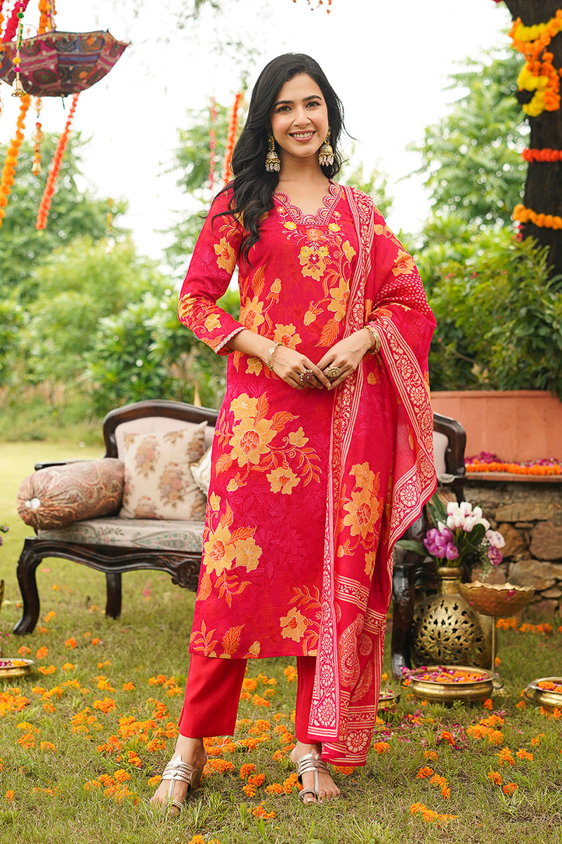 Red Viscose Rayon Floral Embroidered Straight Kurta Trousers With Dupatta PKSKD3051