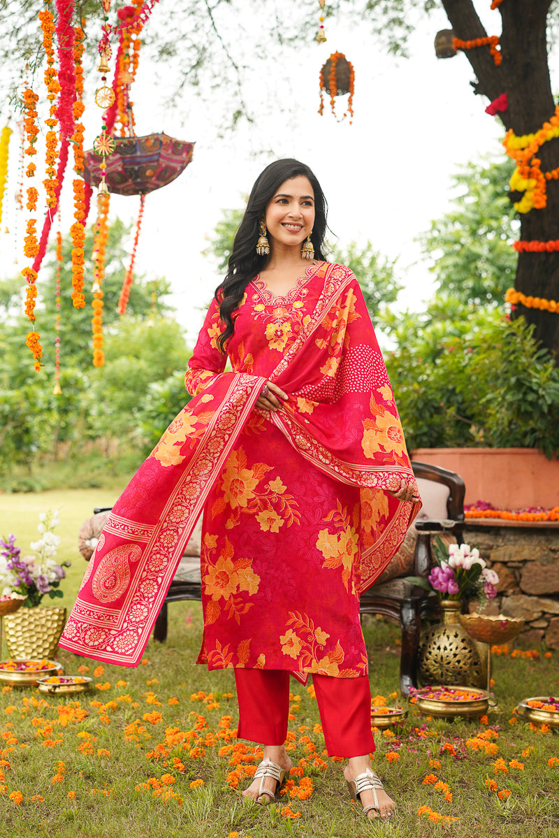 Red Viscose Rayon Floral Embroidered Straight Kurta Trousers With Dupatta PKSKD3051