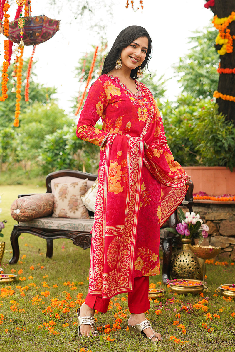 Red Viscose Rayon Floral Embroidered Straight Kurta Trousers With Dupatta PKSKD3051