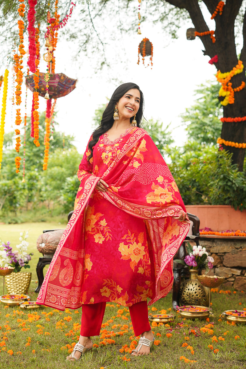 Red Viscose Rayon Floral Embroidered Straight Kurta Trousers With Dupatta PKSKD3051
