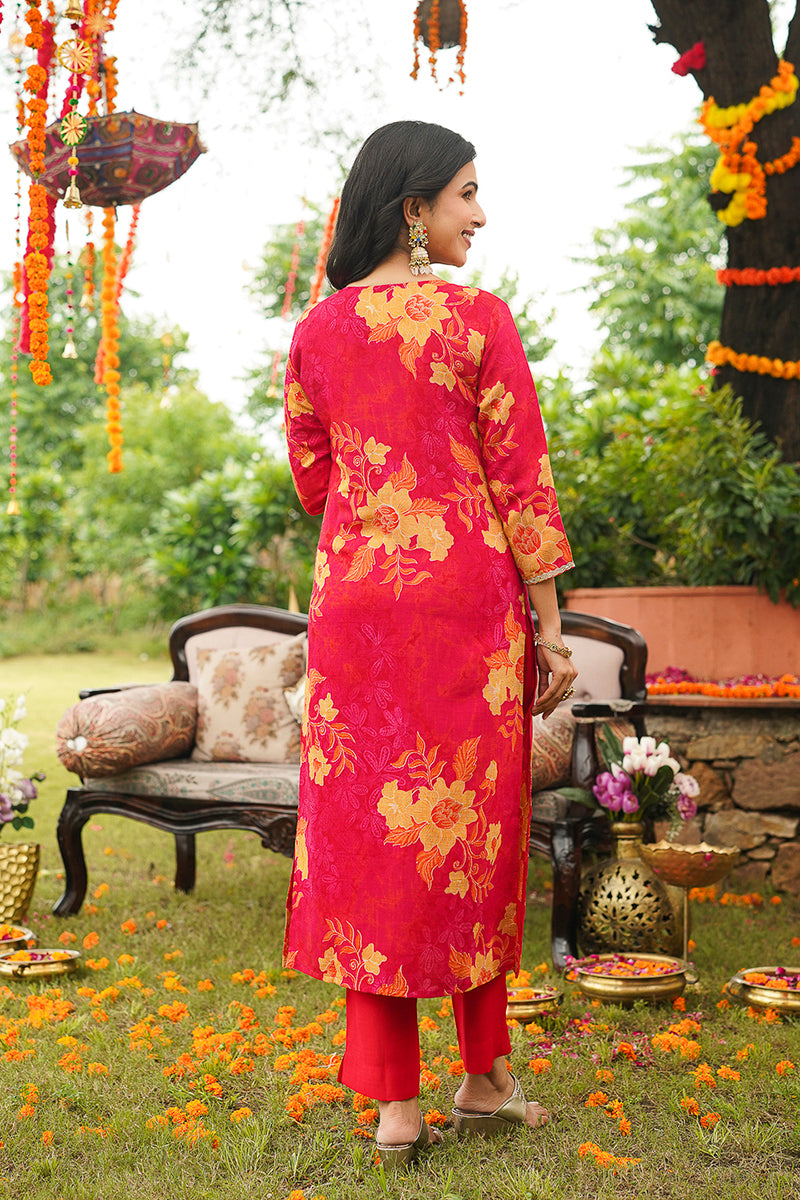 Red Viscose Rayon Floral Embroidered Straight Kurta Trousers With Dupatta PKSKD3051
