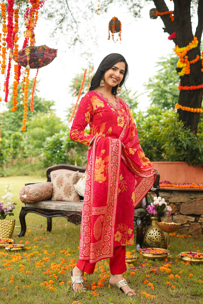 Red Viscose Rayon Floral Embroidered Straight Kurta Trousers With Dupatta PKSKD3051