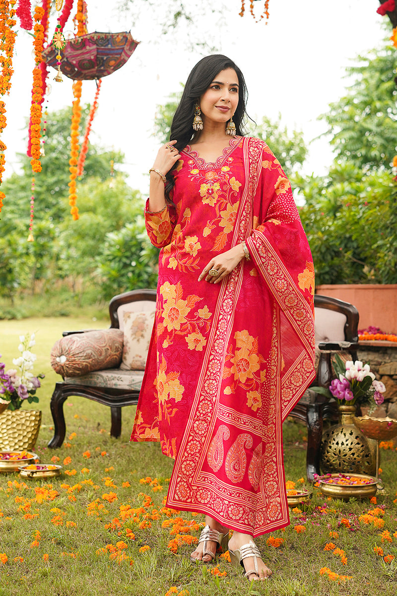 Red Viscose Rayon Floral Embroidered Straight Kurta Trousers With Dupatta PKSKD3051