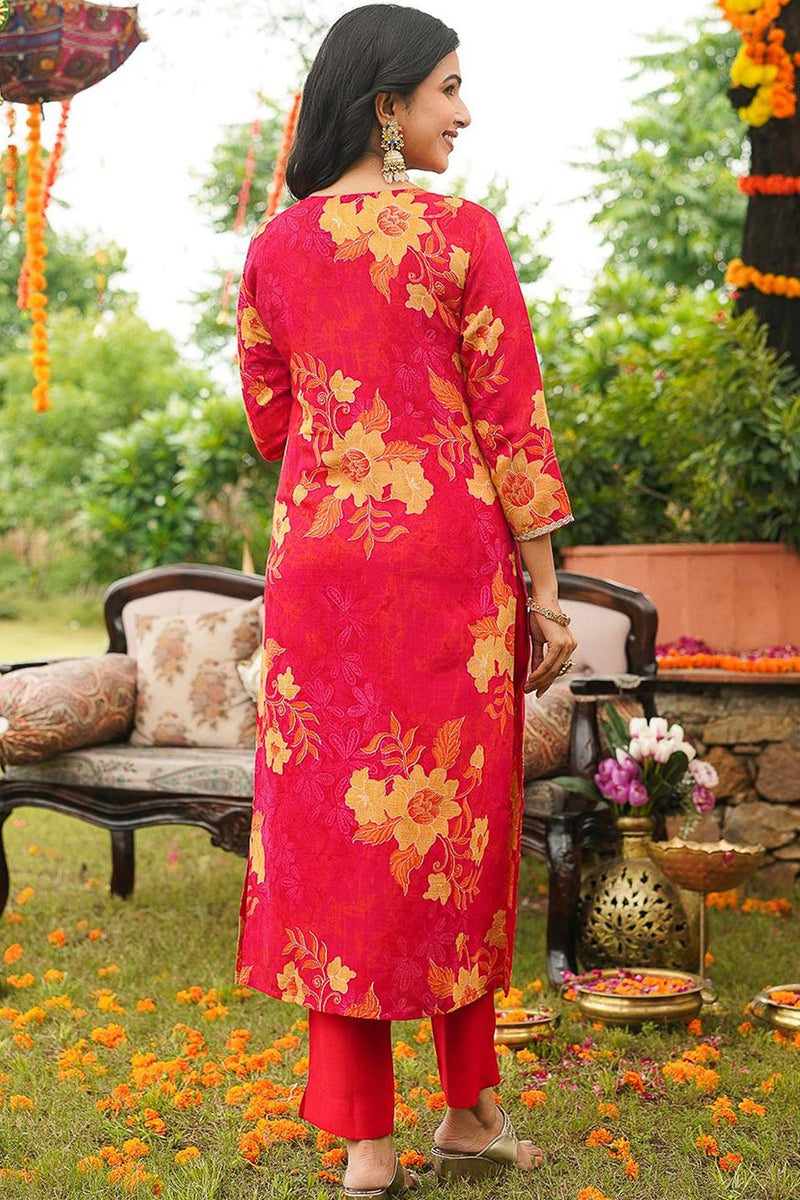 Red Viscose Rayon Floral Embroidered Straight Kurta Trousers With Dupatta PKSKD3051