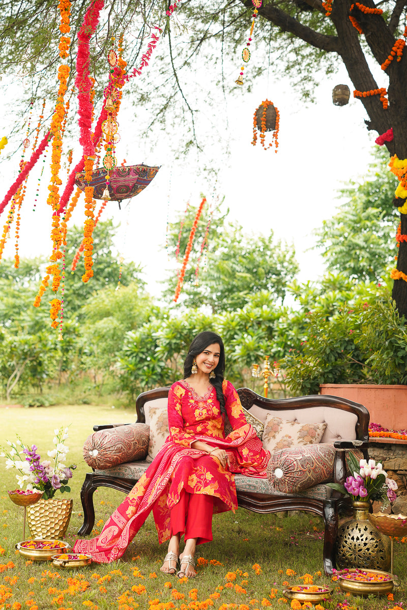 Red Viscose Rayon Floral Embroidered Straight Kurta Trousers With Dupatta PKSKD3051