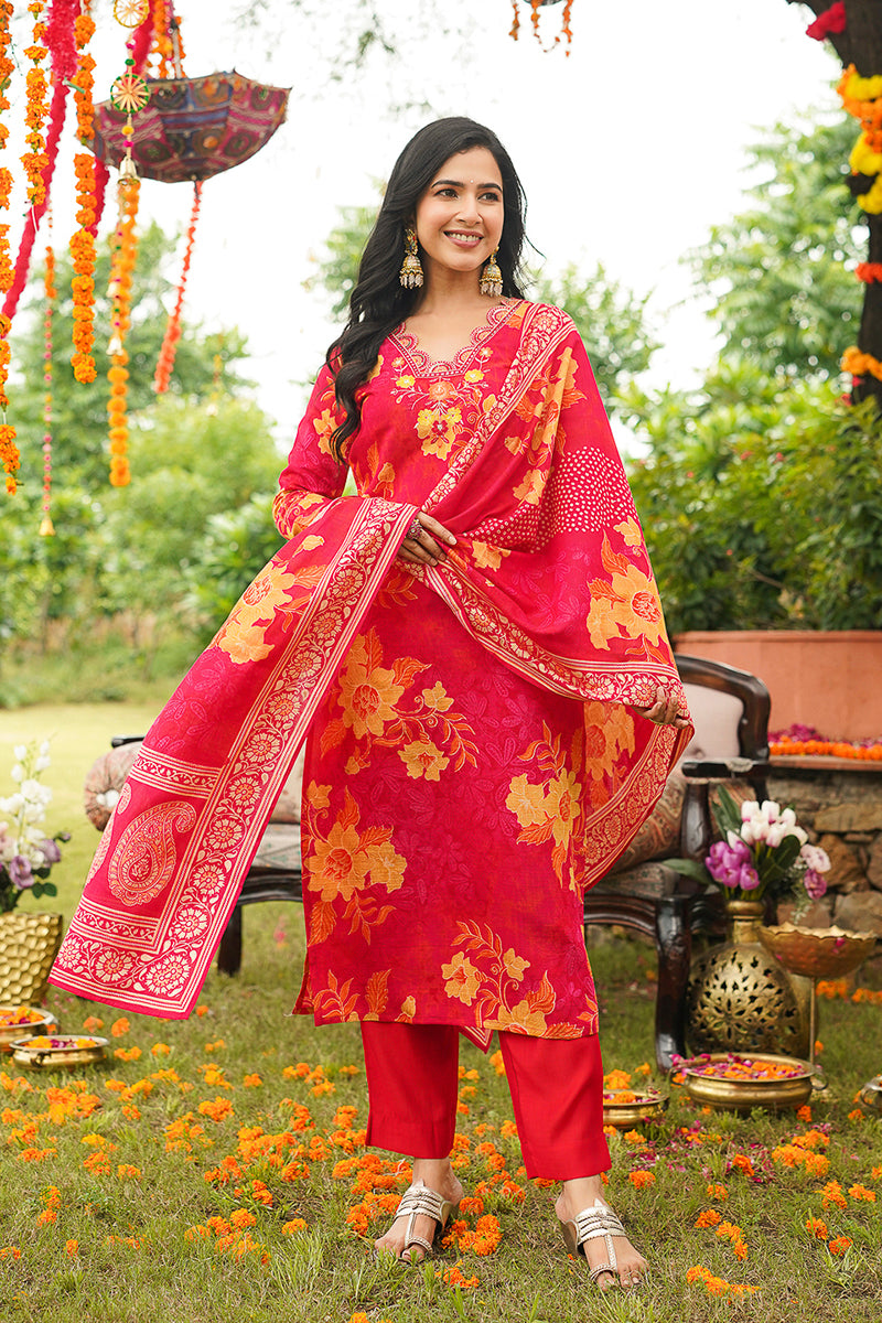 Red Viscose Rayon Floral Embroidered Straight Kurta Trousers With Dupatta PKSKD3051