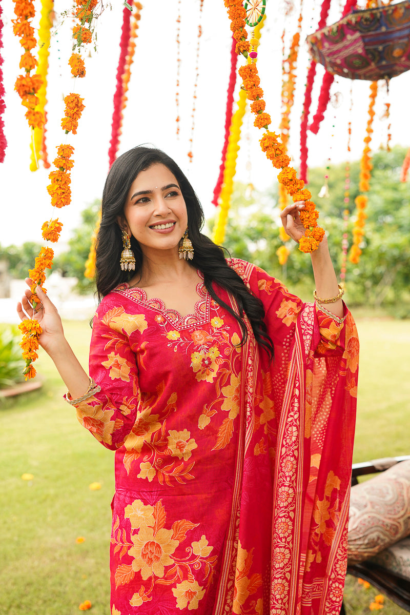 Red Viscose Rayon Floral Embroidered Straight Kurta Trousers With Dupatta PKSKD3051