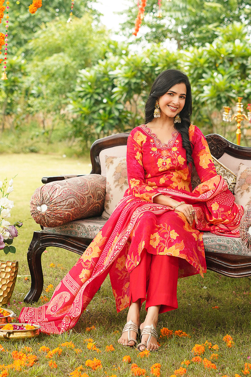 Red Viscose Rayon Floral Embroidered Straight Kurta Trousers With Dupatta PKSKD3051