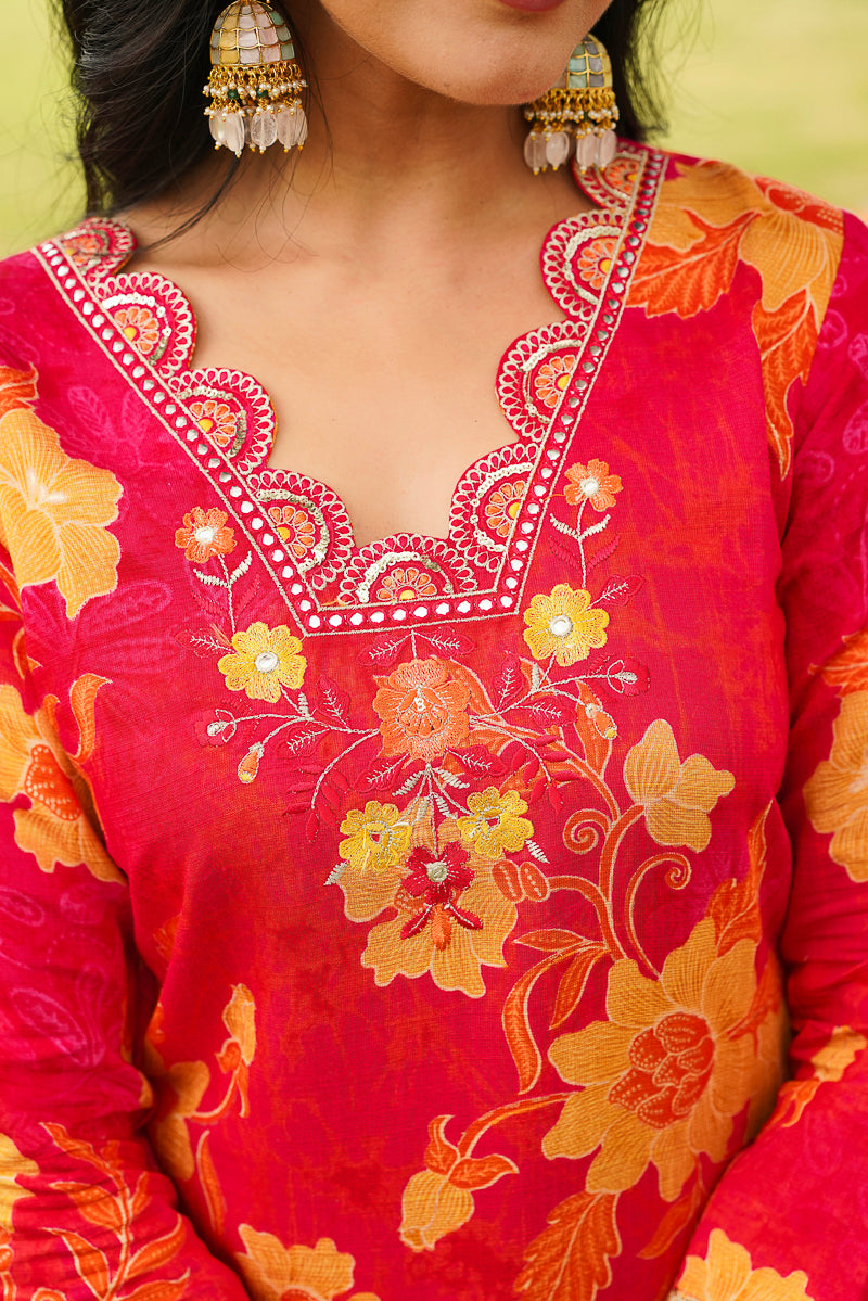 Red Viscose Rayon Floral Embroidered Straight Kurta Trousers With Dupatta PKSKD3051