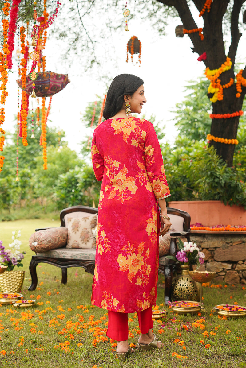 Red Viscose Rayon Floral Embroidered Straight Kurta Trousers With Dupatta PKSKD3051