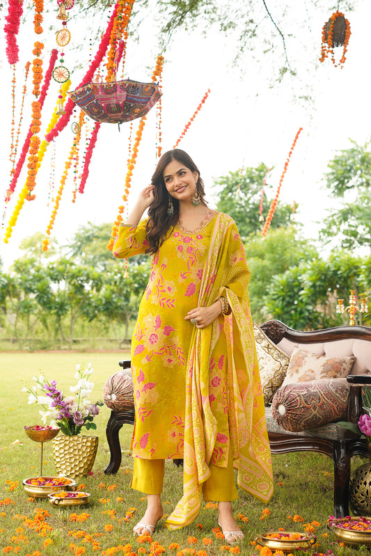 Yellow Viscose Rayon Floral Embroidered Straight Kurta Trousers With Dupatta PKSKD3052