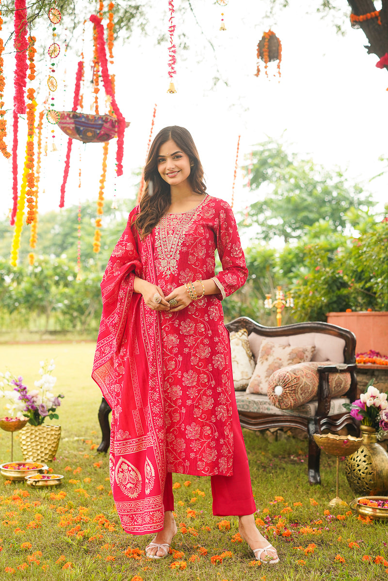 Red Viscose Rayon Floral Embroidered Straight Kurta Trousers With Dupatta PKSKD3056
