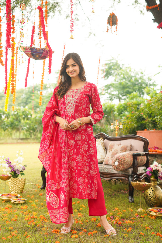 Red Viscose Rayon Floral Embroidered Straight Kurta Trousers With Dupatta PKSKD3056