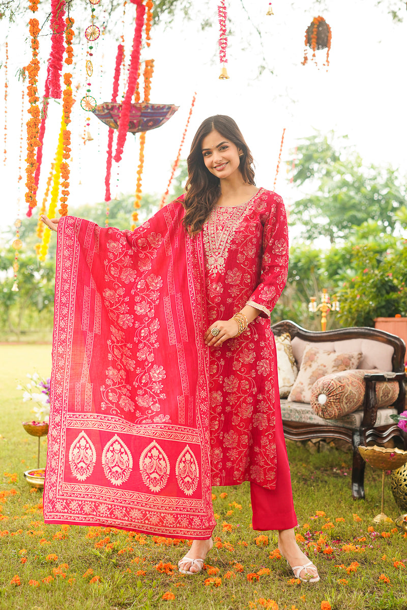 Red Viscose Rayon Floral Embroidered Straight Kurta Trousers With Dupatta PKSKD3056