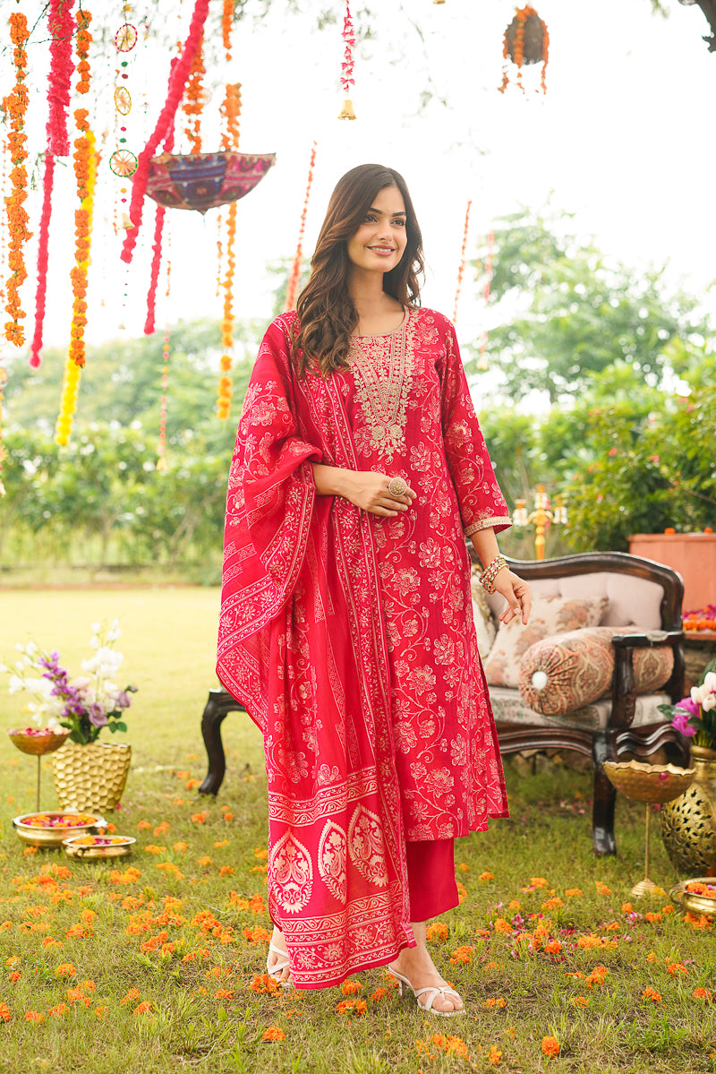 Red Viscose Rayon Floral Embroidered Straight Kurta Trousers With Dupatta PKSKD3056
