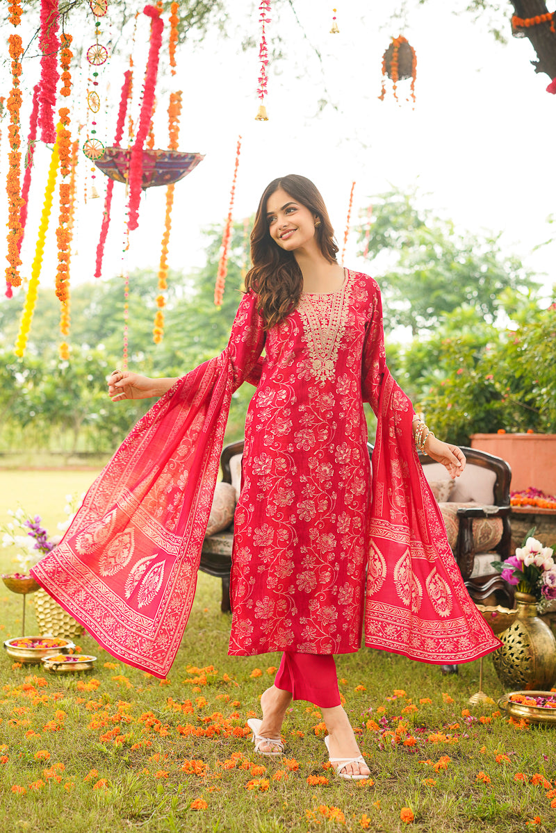 Red Viscose Rayon Floral Embroidered Straight Kurta Trousers With Dupatta PKSKD3056