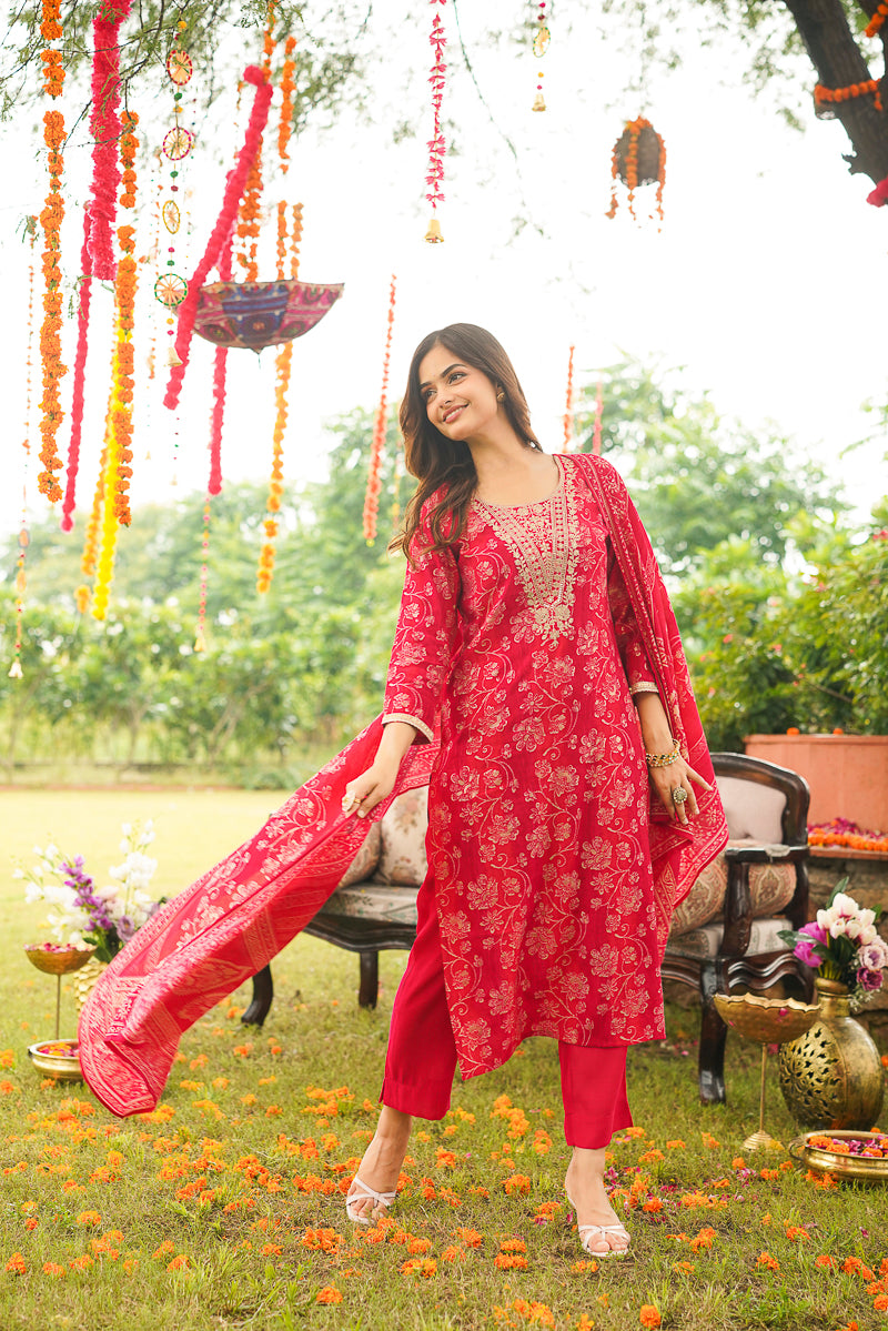 Red Viscose Rayon Floral Embroidered Straight Kurta Trousers With Dupatta PKSKD3056