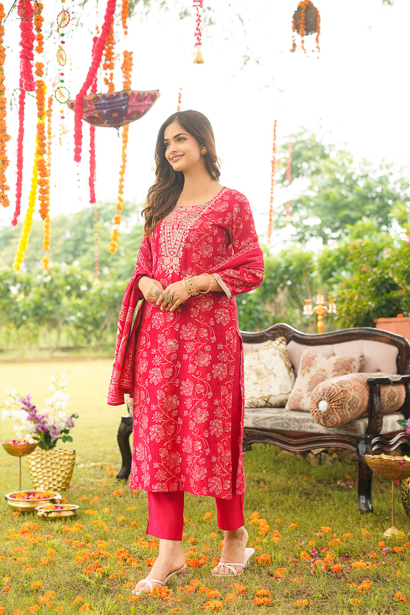 Red Viscose Rayon Floral Embroidered Straight Kurta Trousers With Dupatta PKSKD3056