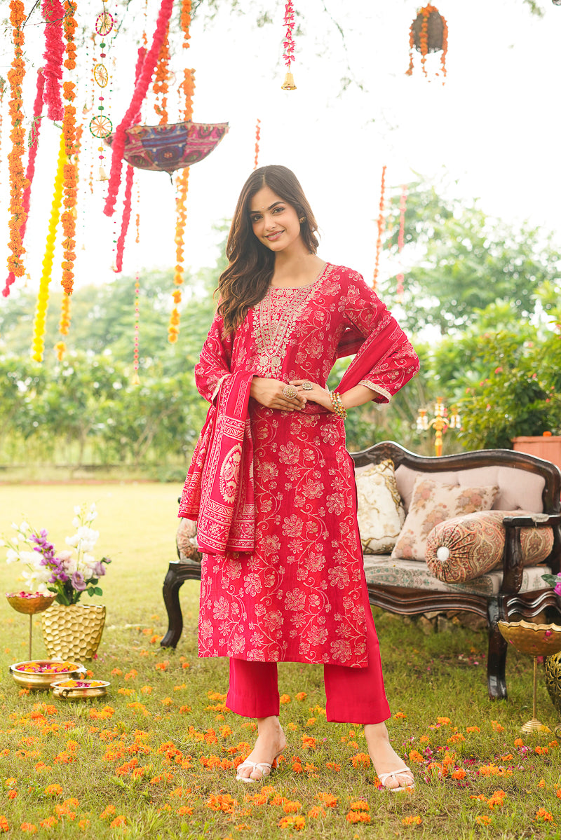 Red Viscose Rayon Floral Embroidered Straight Kurta Trousers With Dupatta PKSKD3056