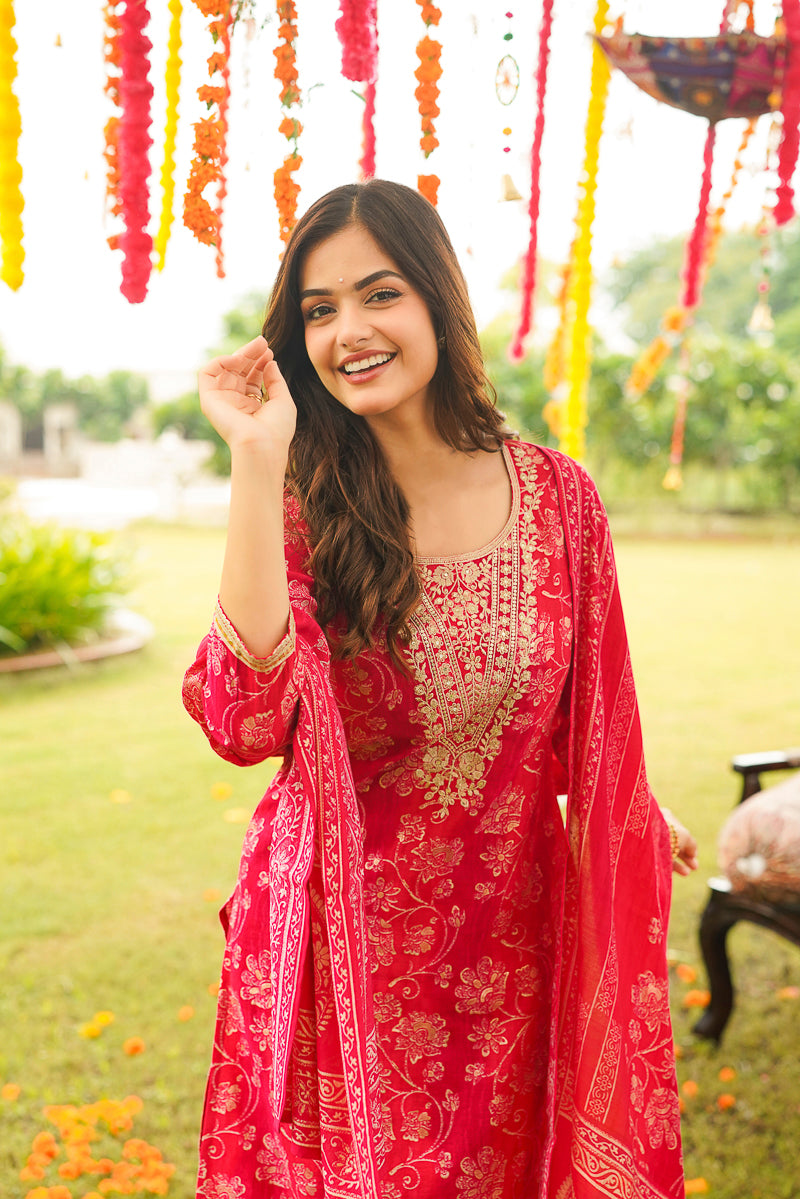 Red Viscose Rayon Floral Embroidered Straight Kurta Trousers With Dupatta PKSKD3056