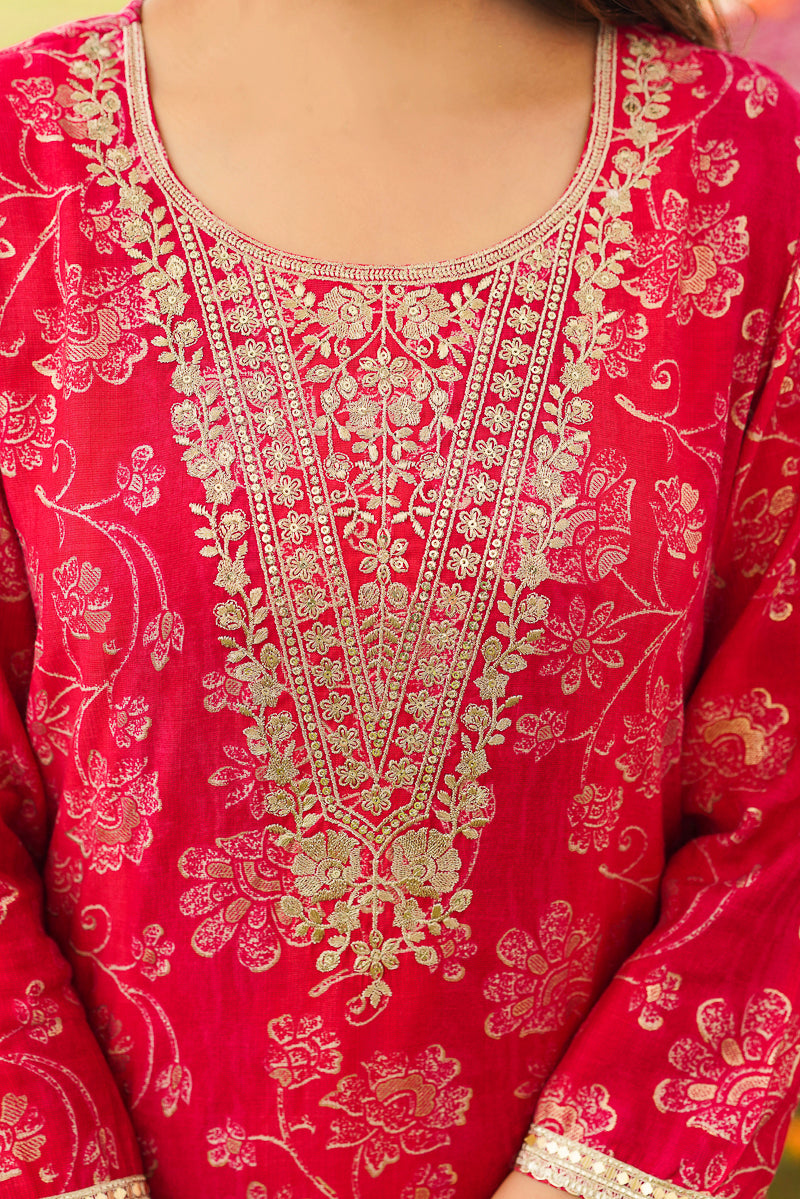 Red Viscose Rayon Floral Embroidered Straight Kurta Trousers With Dupatta PKSKD3056