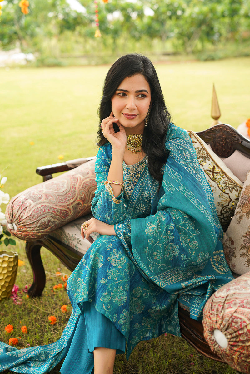 Blue Viscose Rayon Solid Embroidered Straight Kurta Trousers With Dupatta PKSKD3057