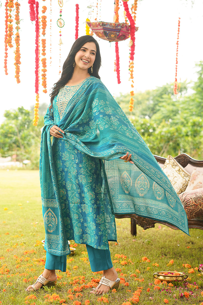 Blue Viscose Rayon Solid Embroidered Straight Kurta Trousers With Dupatta PKSKD3057