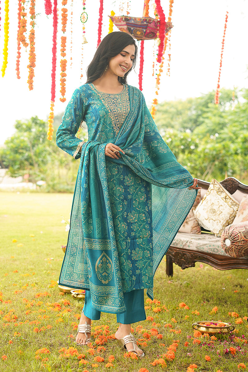 Blue Viscose Rayon Solid Embroidered Straight Kurta Trousers With Dupatta PKSKD3057
