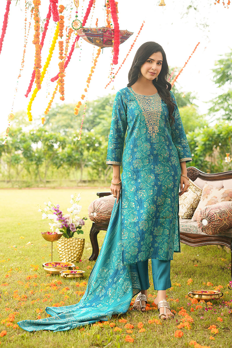 Blue Viscose Rayon Solid Embroidered Straight Kurta Trousers With Dupatta PKSKD3057