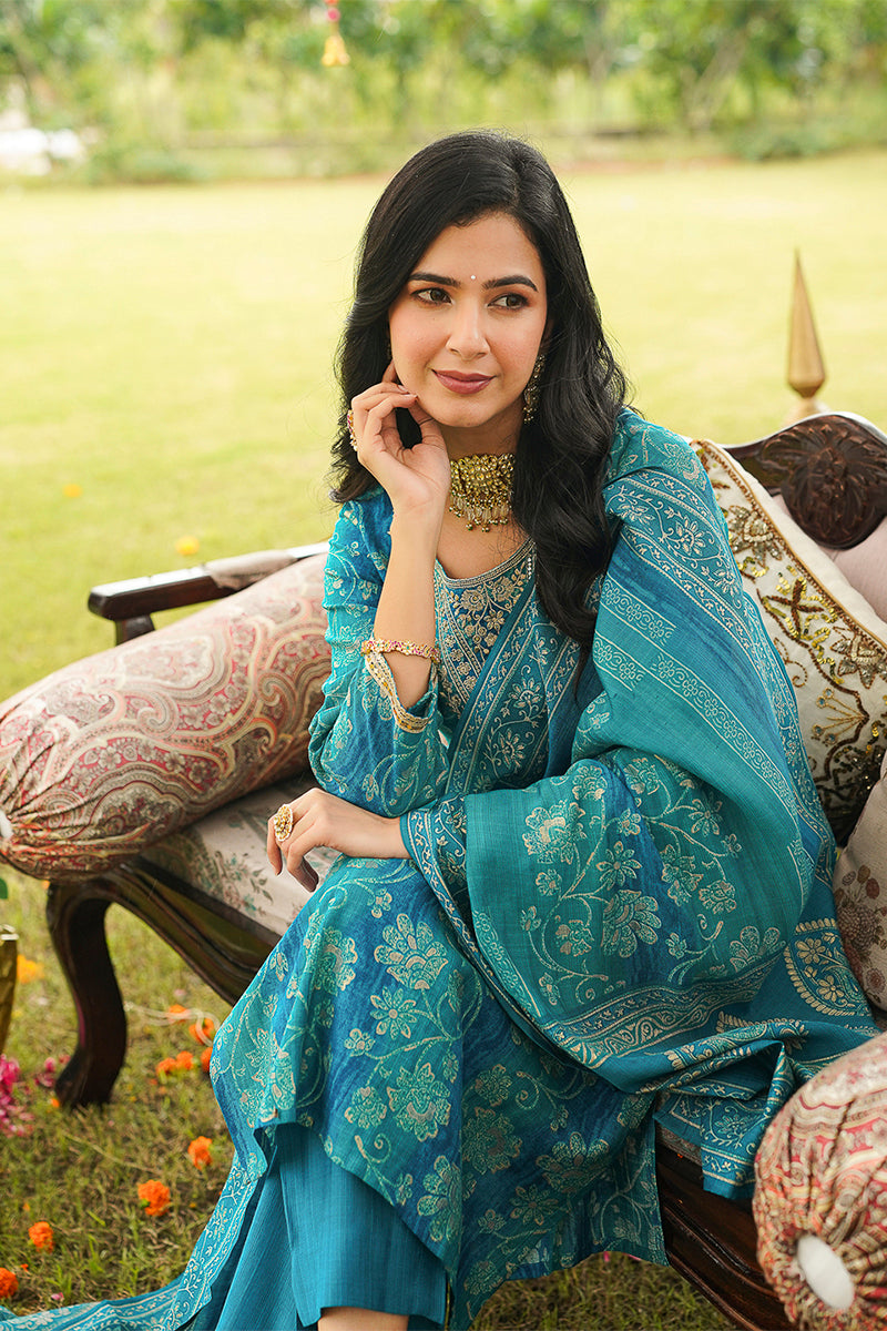 Blue Viscose Rayon Solid Embroidered Straight Kurta Trousers With Dupatta PKSKD3057