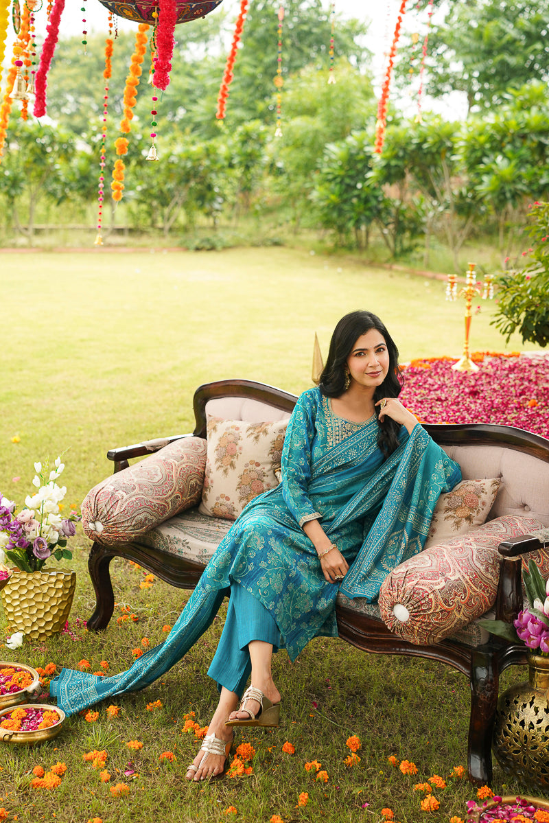 Blue Viscose Rayon Solid Embroidered Straight Kurta Trousers With Dupatta PKSKD3057