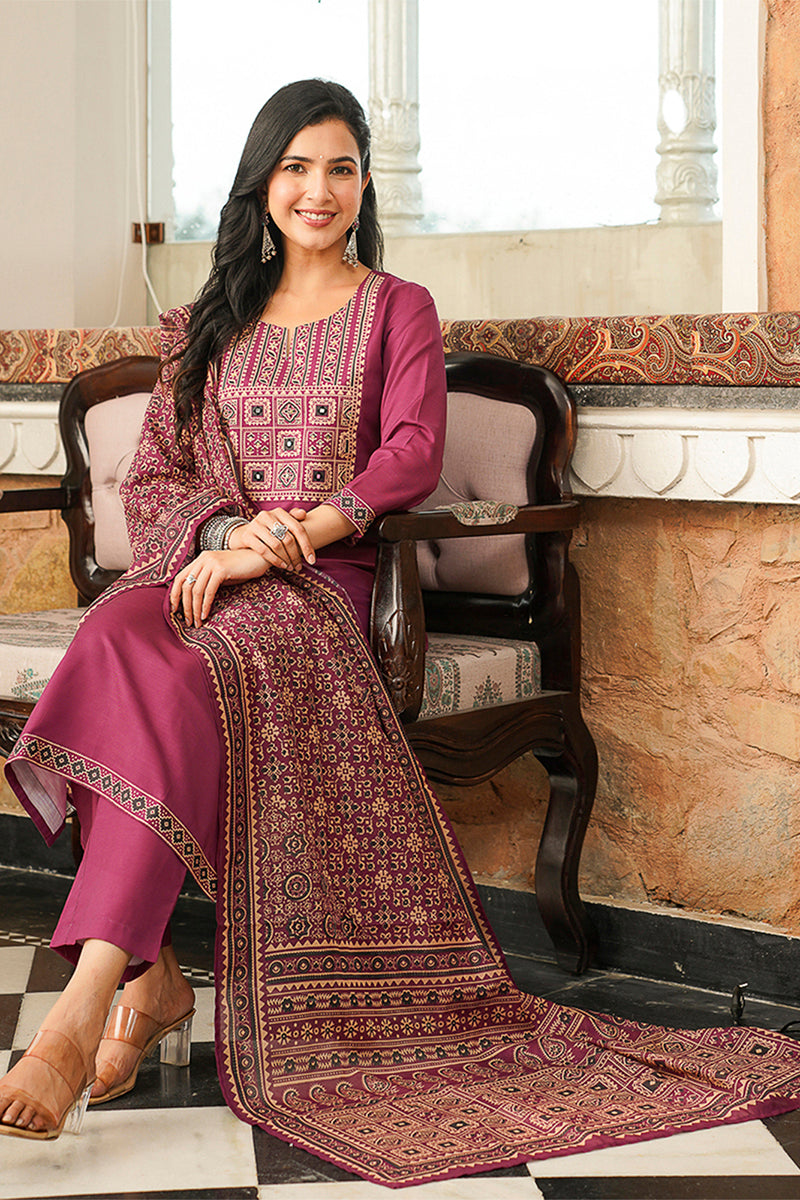 Purple Cotton Blend Ajrakh Printed Straight Kurta Trousers With Dupatta PKSKD3064