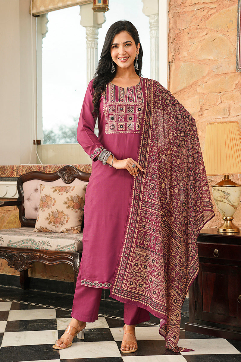 Purple Cotton Blend Ajrakh Printed Straight Kurta Trousers With Dupatta PKSKD3064