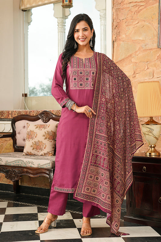 Purple Cotton Blend Ajrakh Printed Straight Kurta Trousers With Dupatta PKSKD3064