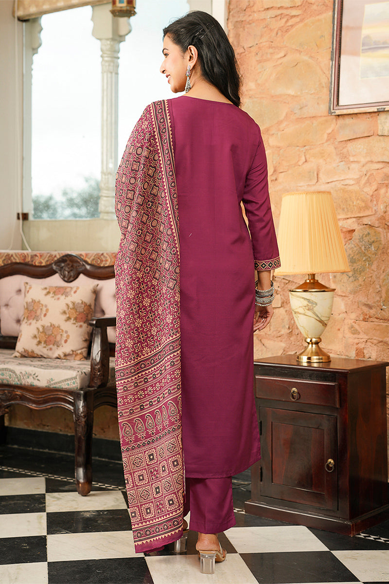 Purple Cotton Blend Ajrakh Printed Straight Kurta Trousers With Dupatta PKSKD3064